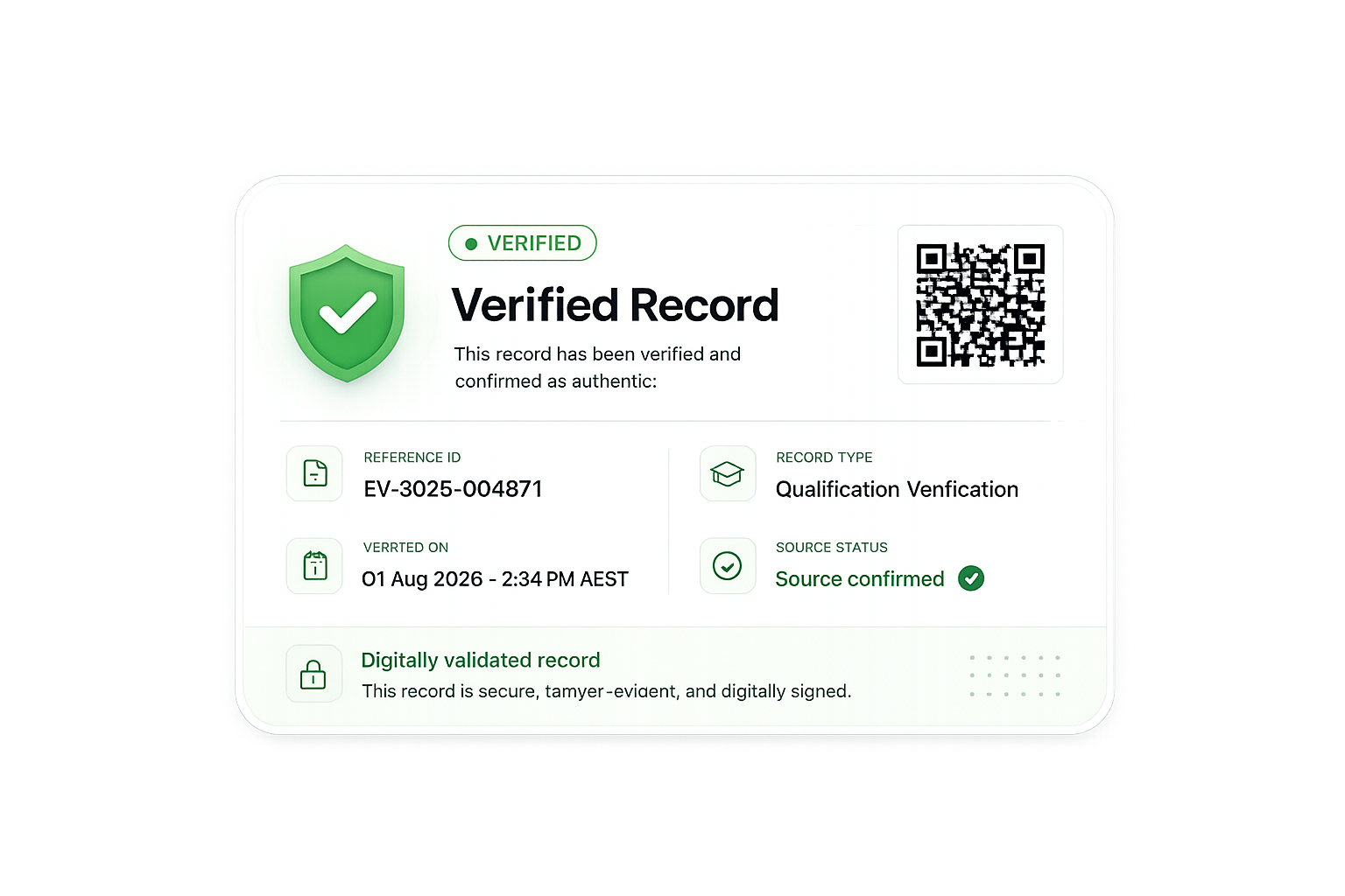 Sample Eduverifi verified record card showing a green verified status, shield icon, reference ID and timestamp