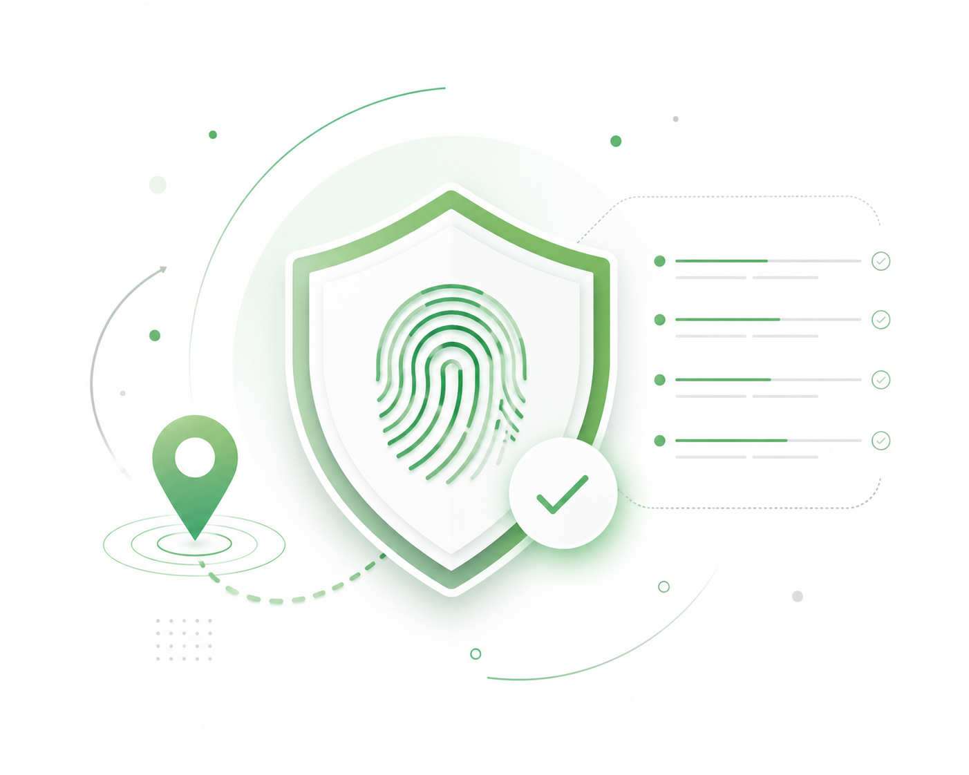Abstract security illustration showing a shield, fingerprint, location pin and audit log lines in Eduverifi green